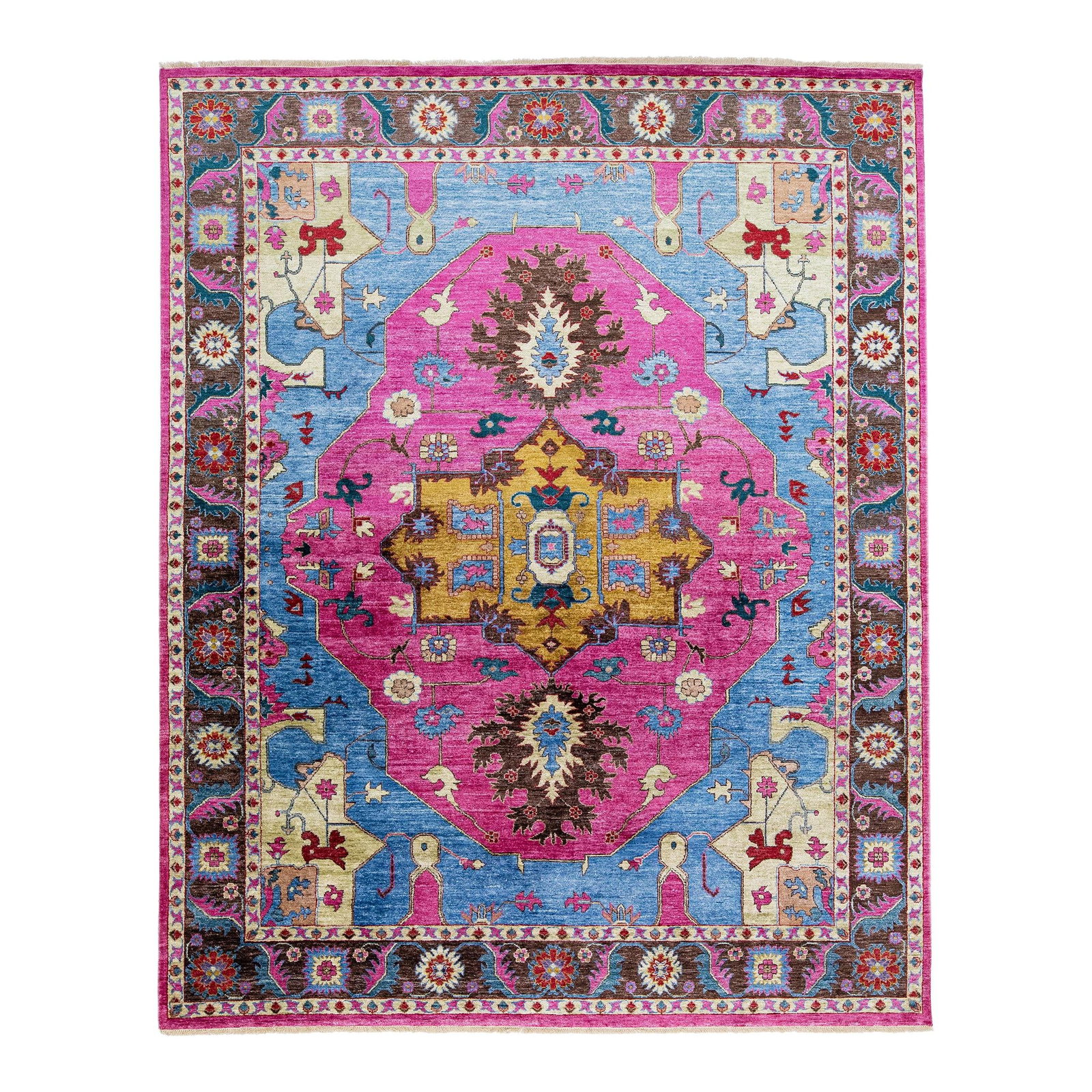 Handmade Blue Pink Silk Rug 8' x 10' Medallion Design: Handmade Blue Pink Silk Rug 8' x 10' Medallion Design Elevate your space with this exquisite Handmade Blue & Pink Modern Silk Rug, featuring a stunning contemporary design that captivates the eye. The