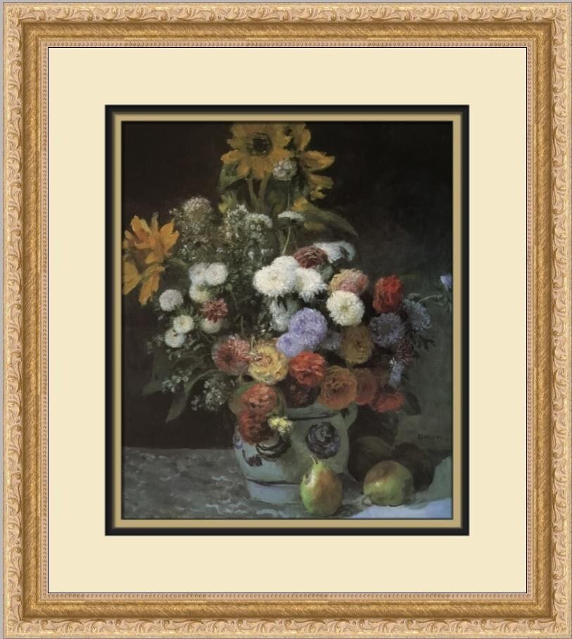 Renoir Flowers in a Vase Custom Framed Print 1987 Impressionism Art: Renoir Flowers in a Vase Custom Framed Print 1987 Impressionism Art This exquisite custom framed print titled "Flowers in a Vase" by renowned artist Pierre-Auguste Renoir captures the beauty of floral