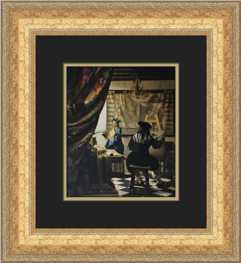 Jan Vermeer The Artist in His Studio Custom Framed Print 17x16 Gold Frame: Jan Vermeer The Artist in His Studio Custom Framed Print 17x16 Gold Frame This exquisite custom framed print features Jan Vermeer's iconic artwork, "The Artist in His Studio." Measuring 17" x 16" over