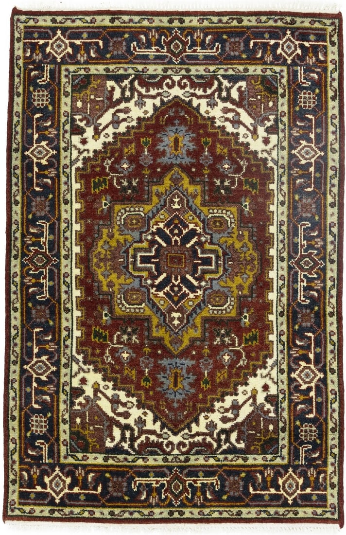 Rusty Red Wool Area Rug with Tribal Geometric Pattern 4x6 Hand-Knotted: Rusty Red Wool Area Rug with Tribal Geometric Pattern 4x6 Hand-Knotted This hand-knotted Heriz Serapi area rug features a striking geometric pattern in rusty red, dark navy, cream, gold, gray, and pin