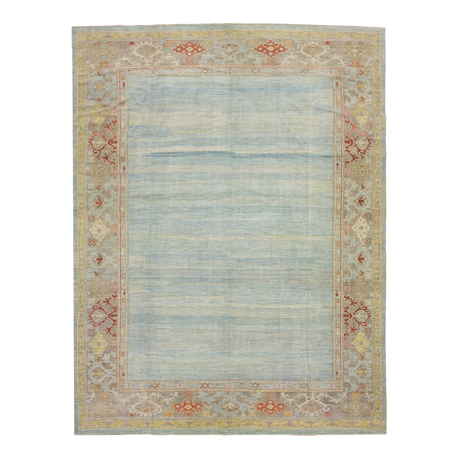 Modern Blue Hand-Knotted Wool Sultanabad Floral Rug 12' x 15'8: Modern Blue Hand-Knotted Wool Sultanabad Floral Rug 12' x 15'8 Experience elegance with this modern wool rug that reimagines the classic Sultanabad design. Hand-knotted with care, this exquisite piece