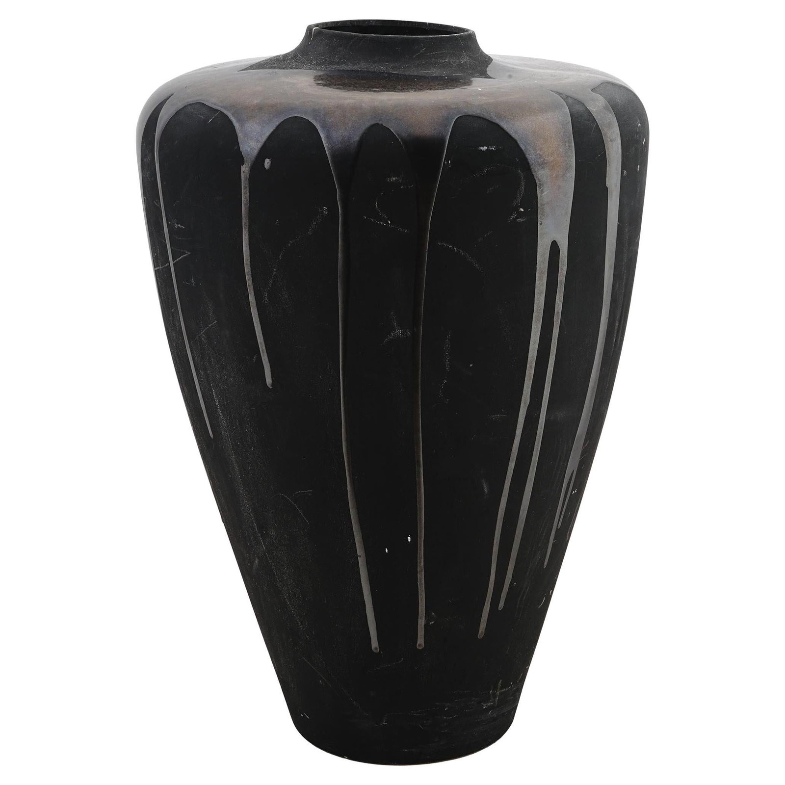 Iridescent Glazed Terracotta Vase Mid-Century Modern 24 Inch Vintage: Iridescent Glazed Terracotta Vase Mid-Century Modern 24 Inch Vintage This large vintage terracotta vase features an iridescent copper metallic drip glaze over a textured matte black finish, exemplifyi