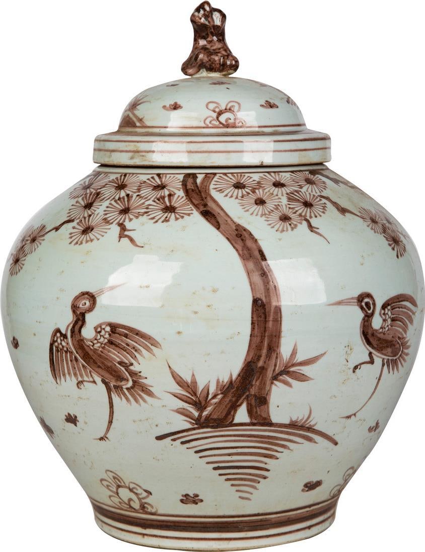 New Handcrafted Ceramic Jar Pine Crane Design Lion Lid 16H: New Handcrafted Ceramic Jar Pine Crane Design Lion Lid 16H This exquisite handcrafted ceramic jar features a stunning Pine Crane design, ideal for adding a touch of elegance to any space. With its uni