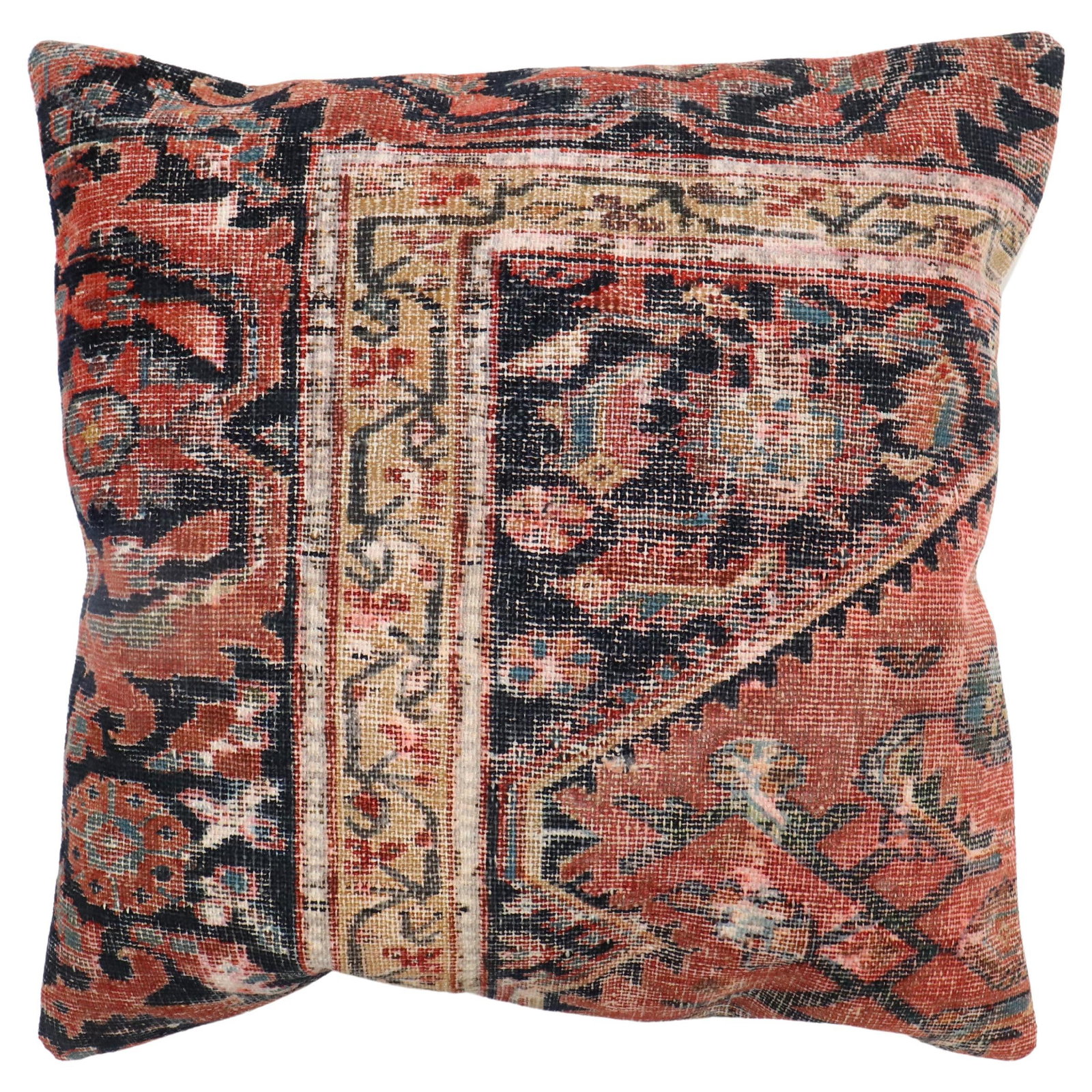 Biedermeier Style Pillow from 19th Century Persian Rug 19 x 20: Biedermeier Style Pillow from 19th Century Persian Rug 19 x 20 This exquisite pillow features a captivating design derived from a distressed Persian rug, showcasing the rich artistry of the late 19th