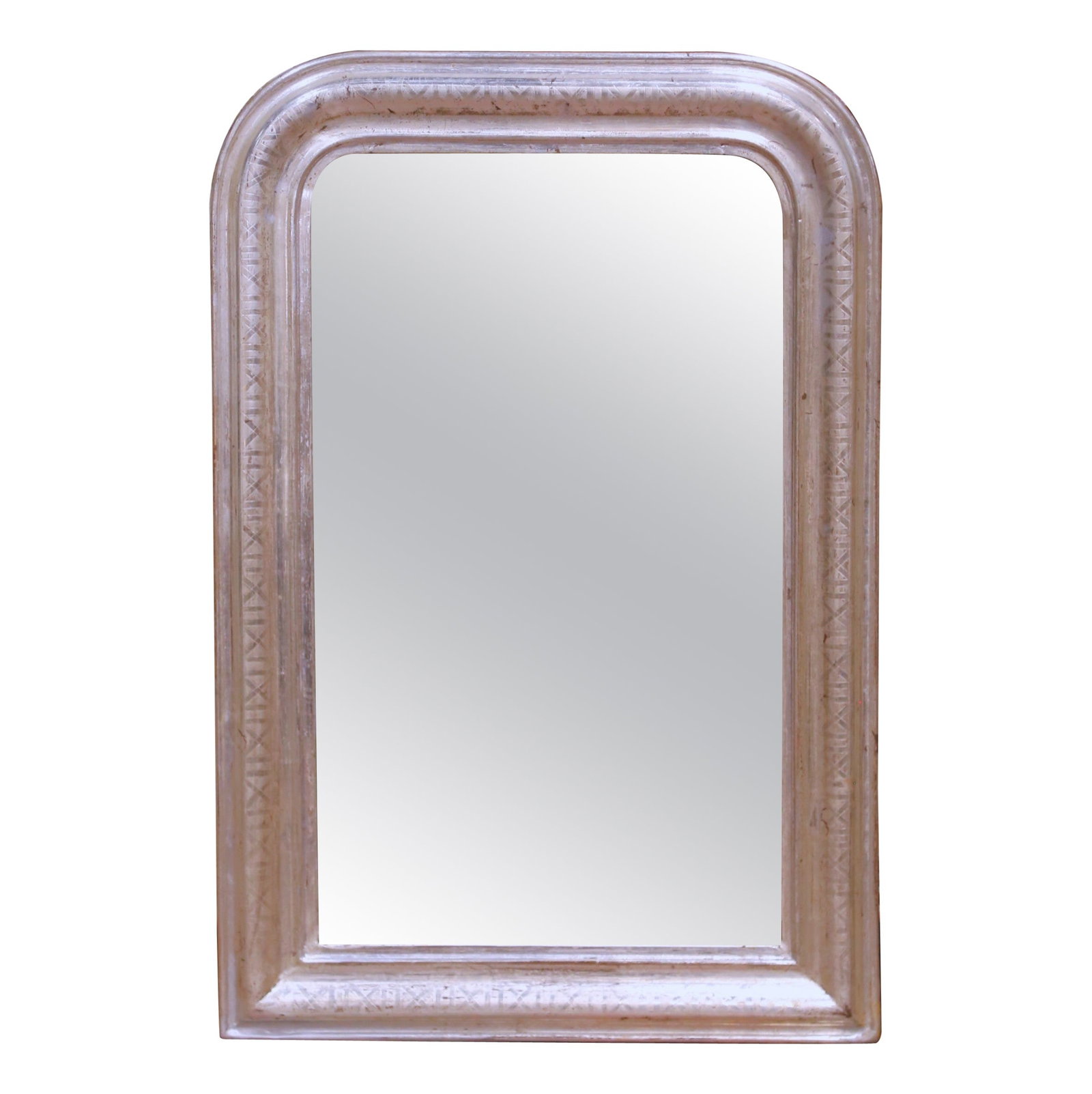 French Louis Philippe Silver Leaf Mirror with Engraved Frame circa 1870: French Louis Philippe Silver Leaf Mirror with Engraved Frame circa 1870 This 19th century French Louis Philippe wall mirror, crafted circa 1870, features a classic softly arched rectangular shape. The