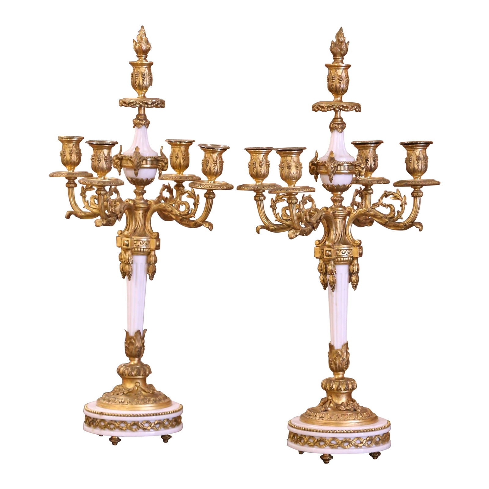 Exquisite Pair of 19th Century French Louis XVI Candelabras in Bronze and Marble Set of 2: Exquisite Pair of 19th Century French Louis XVI Candelabras in Bronze and Marble Set of 2 Enhance your interior with this stunning pair of 19th Century French Louis XVI candelabras, meticulously craft