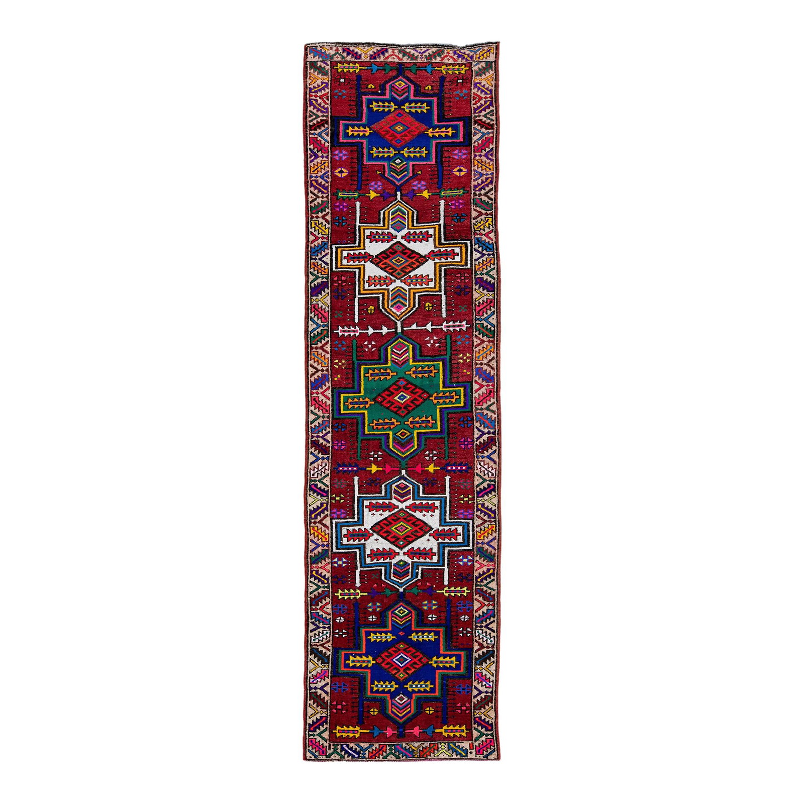 Red Vintage Turkish Hand-Knotted Wool Runner 3'4 x 12 Multicolor Tribal Design: Red Vintage Turkish Hand-Knotted Wool Runner 3'4 x 12 Multicolor Tribal Design This exquisite vintage Turkish runner features a striking red field complemented by a beige decorative frame. The rug sho