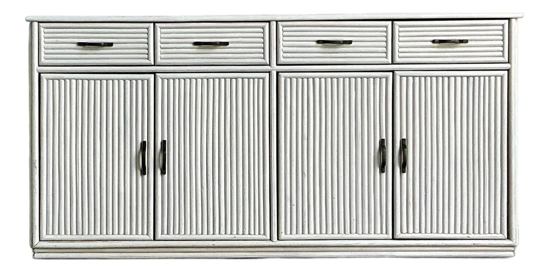 Reed Wrapped Credenza With Four Drawers Coastal Style 64.5" Wide: Reed Wrapped Credenza With Four Drawers Coastal Style 64.5" Wide This vintage reed credenza features beautifully textured reed-wrapped drawer and door fronts, complemented by a light-toned, off-white