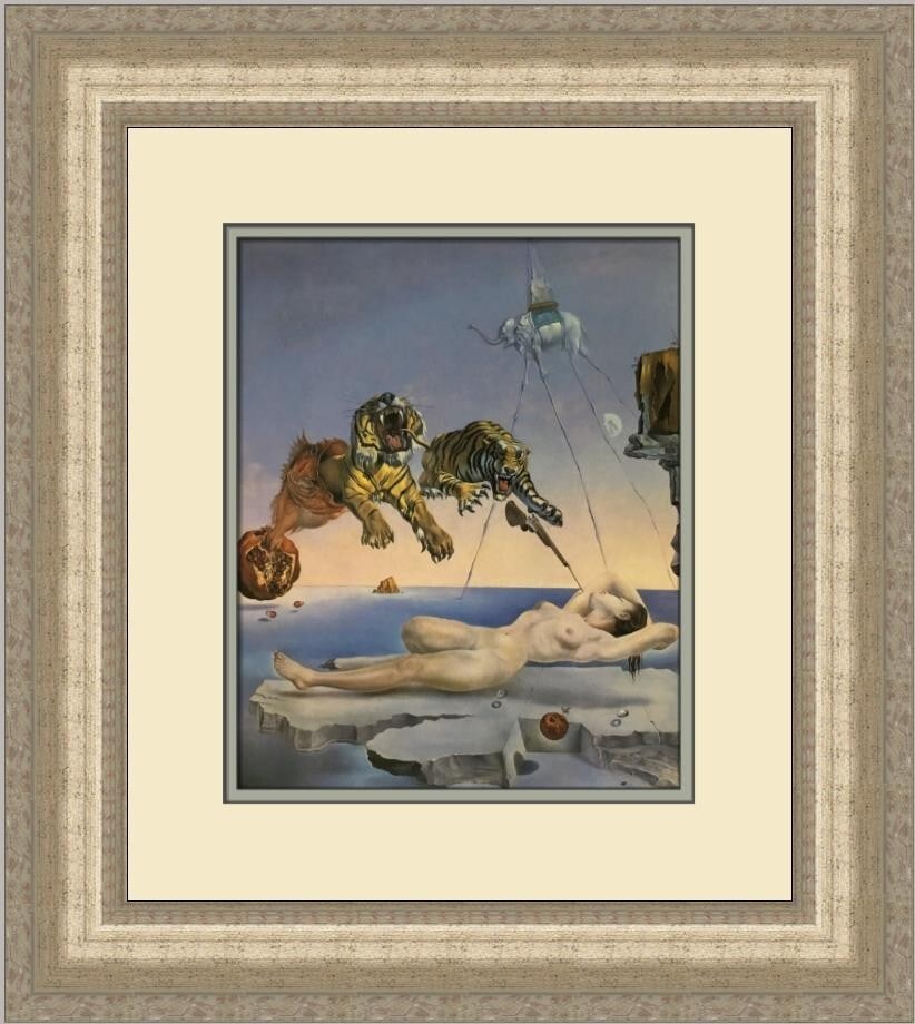 Salvador Dali Dream Caused by the Flight of the Bumblebee Framed Print: Salvador Dali Dream Caused by the Flight of the Bumblebee Framed Print This stunning custom framed print by Salvador Dali, titled "Dream Caused by the Flight of the Bumblebee," features surrealist art