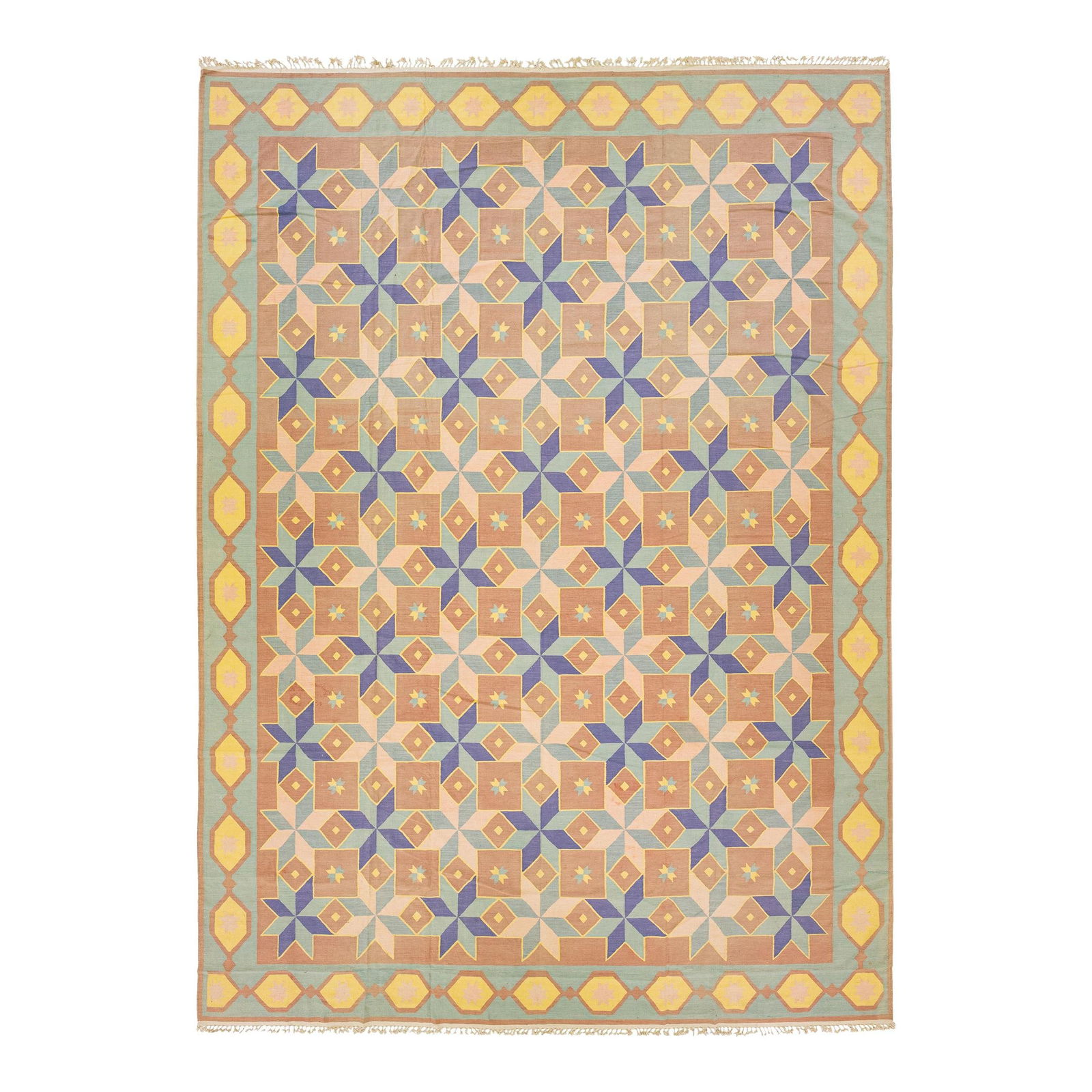 Vibrant Multicolor Wool Dhurrie Rug 11'7" x 16" Geometric Design: Vibrant Multicolor Wool Dhurrie Rug 11'7" x 16" Geometric Design Discover this stunning multicolor flatweave Dhurrie rug, a perfect blend of modern design and traditional Indian craftsmanship. Its eye