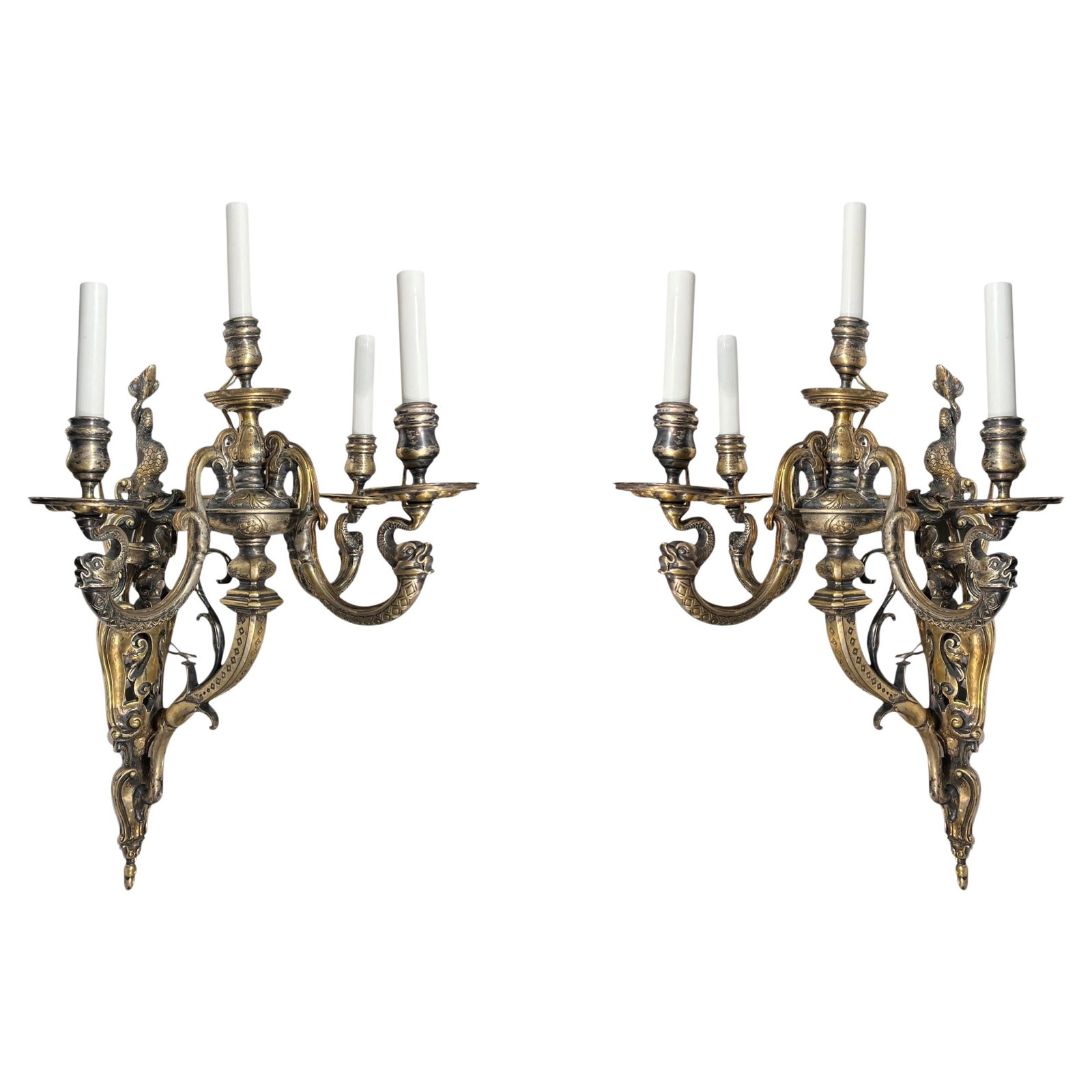 Set of 2 Silvered Bronze Renaissance Revival Four-Arm Wall Sconces 19th Century: Set of 2 Silvered Bronze Renaissance Revival Four-Arm Wall Sconces 19th Century This pair of large late 19th-century Renaissance Revival wall sconces is crafted in silvered bronze and originates from