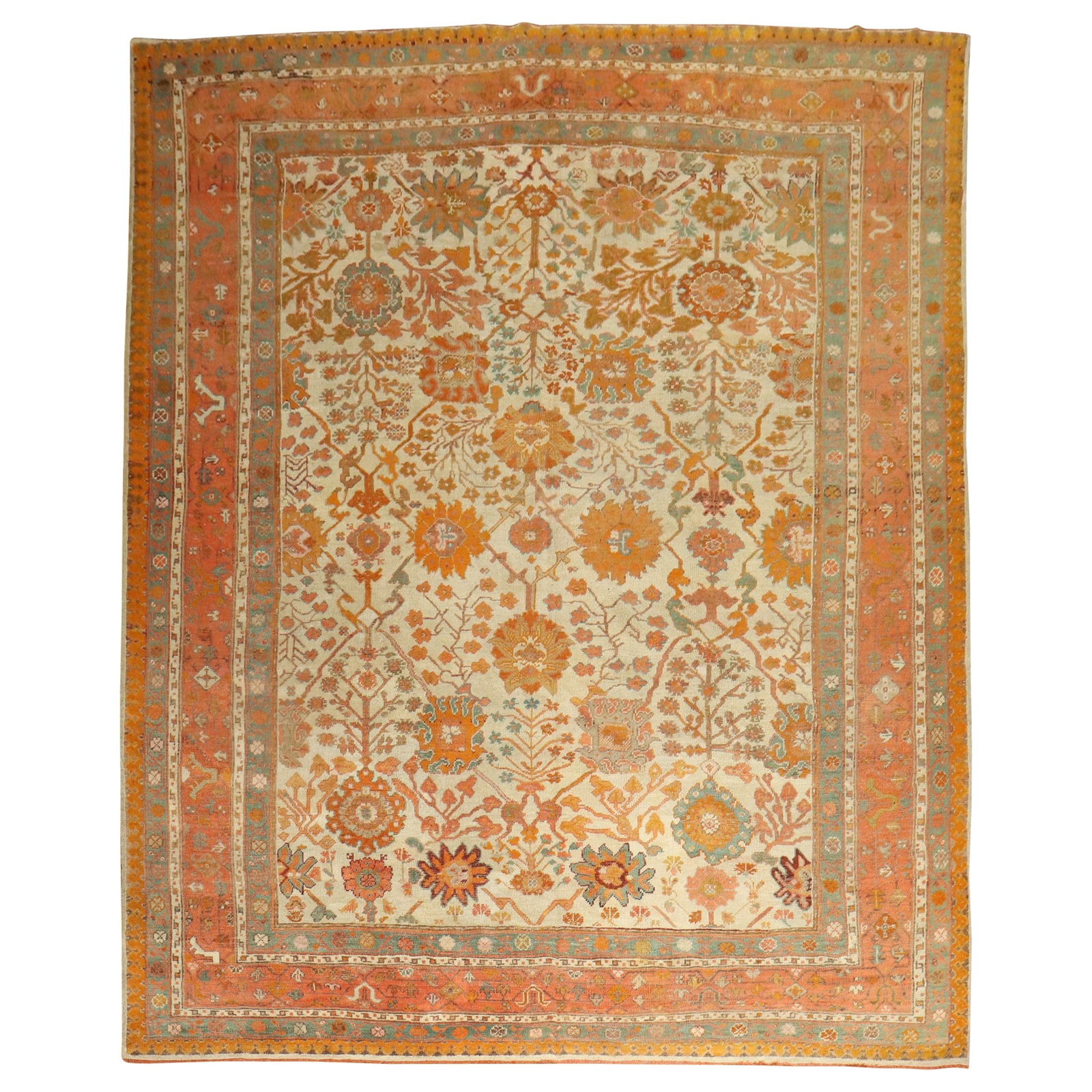 Antique Turkish Oushak Rug 9'4" x 11' Hand-Woven Wool circa 1900: Antique Turkish Oushak Rug 9'4" x 11' Hand-Woven Wool circa 1900 Discover the beauty of this Antique Turkish Oushak rug, a stunning piece from the early 20th century, circa 1900. This room-size rug fe