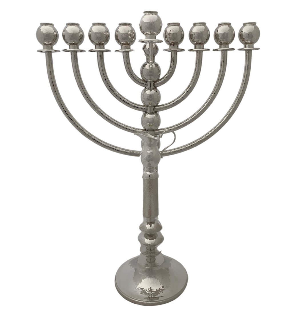 Modern Hammered 925 Sterling Silver Menorah by Topazio: Modern Hammered 925 Sterling Silver Menorah by Topazio This exquisite Menorah is crafted from 925 sterling silver, showcasing a handmade, modern design with a sleek hammered finish. Perfect for Chanuk