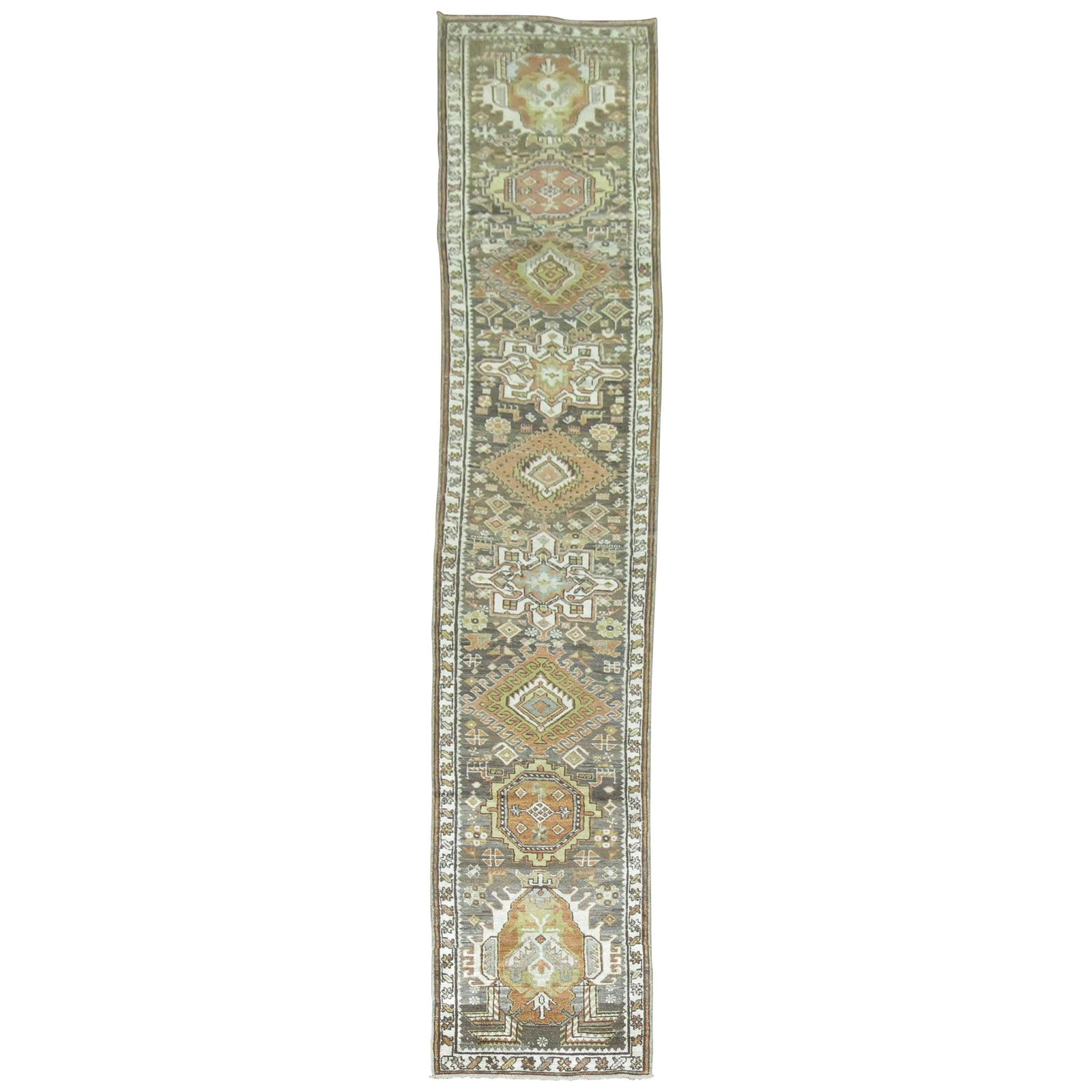 Antique Persian Heriz Runner 27 x 170 Hand-Woven Wool: Antique Persian Heriz Runner 27 x 170 Hand-Woven Wool Discover the charm of this unique Antique Persian Heriz Runner, a narrow and long piece that showcases intricate craftsmanship. Hand-woven from hi