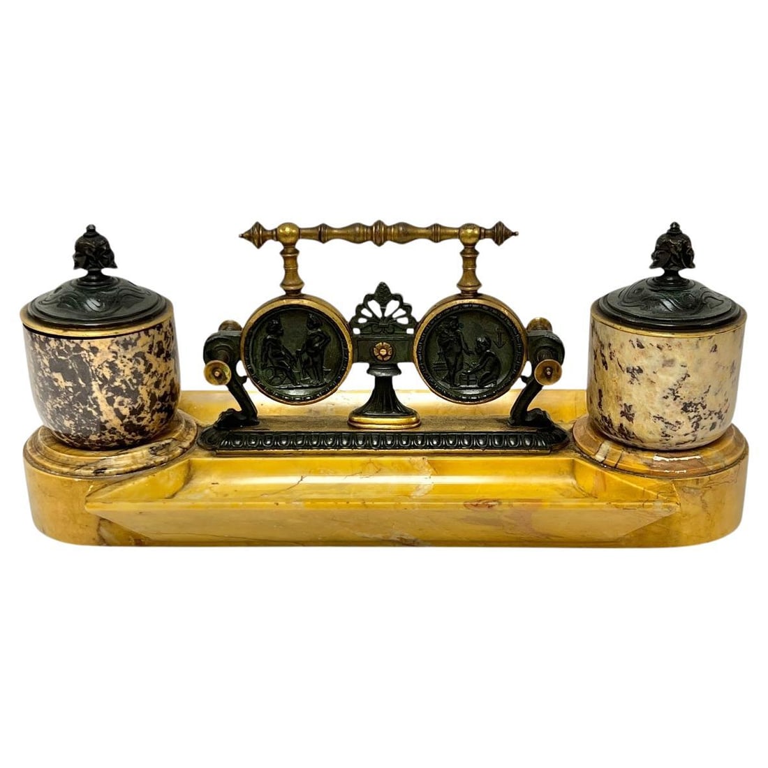 Italian Siena Marble Neoclassical Bronze Inkwell Circa 1880s: Italian Siena Marble Neoclassical Bronze Inkwell Circa 1880s This antique Italian inkwell from the late 19th century is crafted in the Roman neoclassical style. It features finely carved Siena and oth