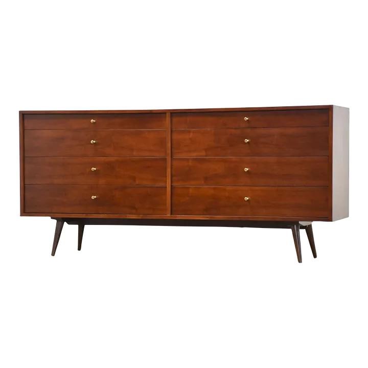 Refinished Walnut Mid Century Modern 8 Drawer Dresser: Refinished Walnut Mid Century Modern 8 Drawer Dresser This stunning mid-century modern dresser features a rich walnut finish, showcasing eight spacious drawers for ample storage. The dresser is elegan
