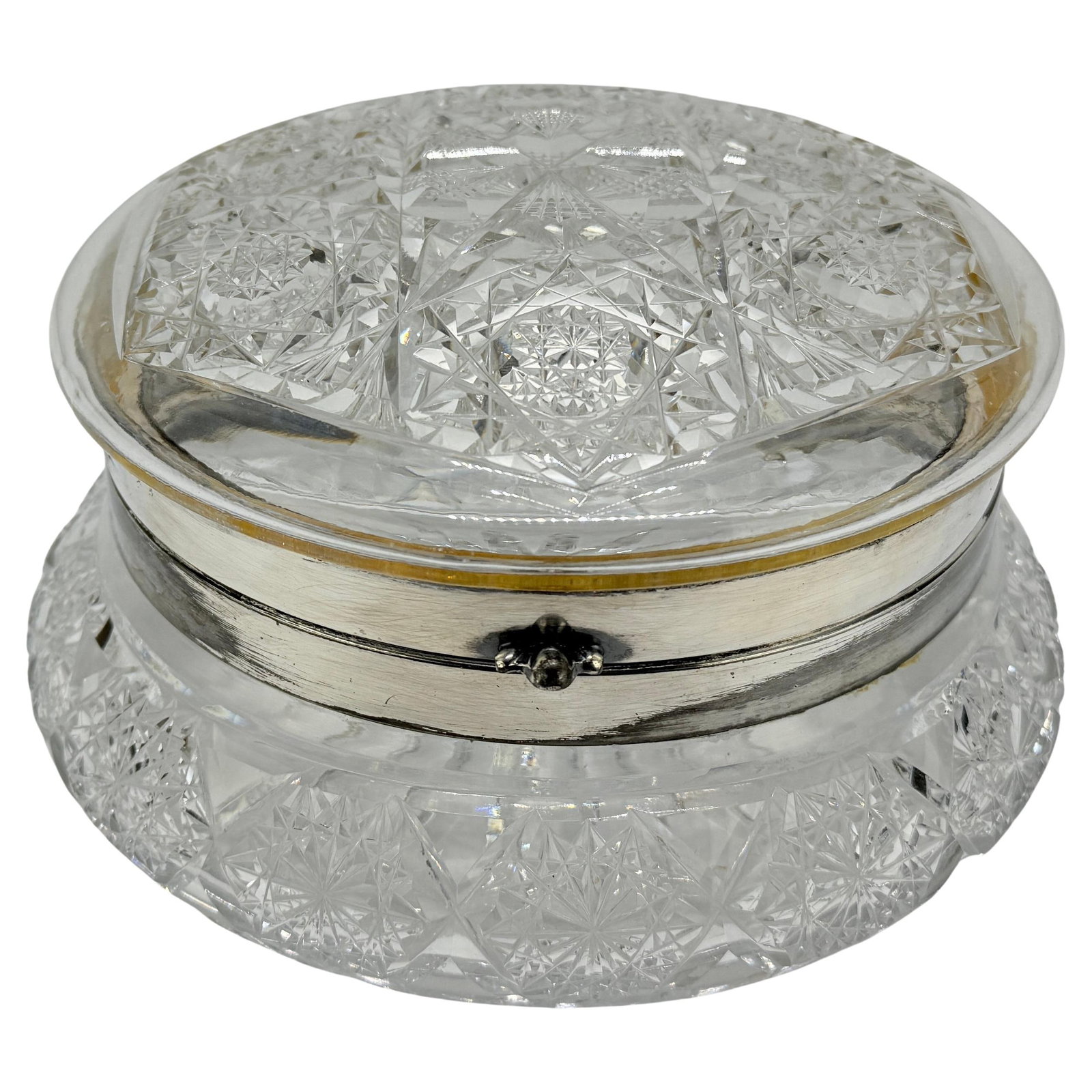 Antique Art Deco Cut Crystal Silverplate Dresser Box: Antique Art Deco Cut Crystal Silverplate Dresser Box This exquisite antique vanity or dresser box showcases the elegance of the early 20th century. Crafted from cut crystal and silverplate, it feature