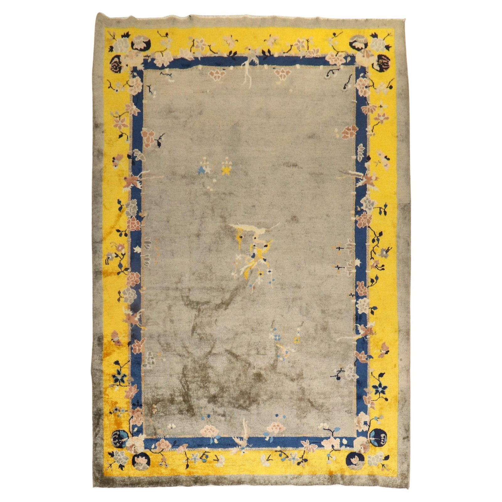 Vibrant Antique Chinese Peking Rug Hand-Woven Wool 1930s: Vibrant Antique Chinese Peking Rug Hand-Woven Wool 1930s This exquisite Colorful Antique Chinese Peking Rug showcases a stunning blend of vibrant colors, featuring a bright yellow border and a subtle