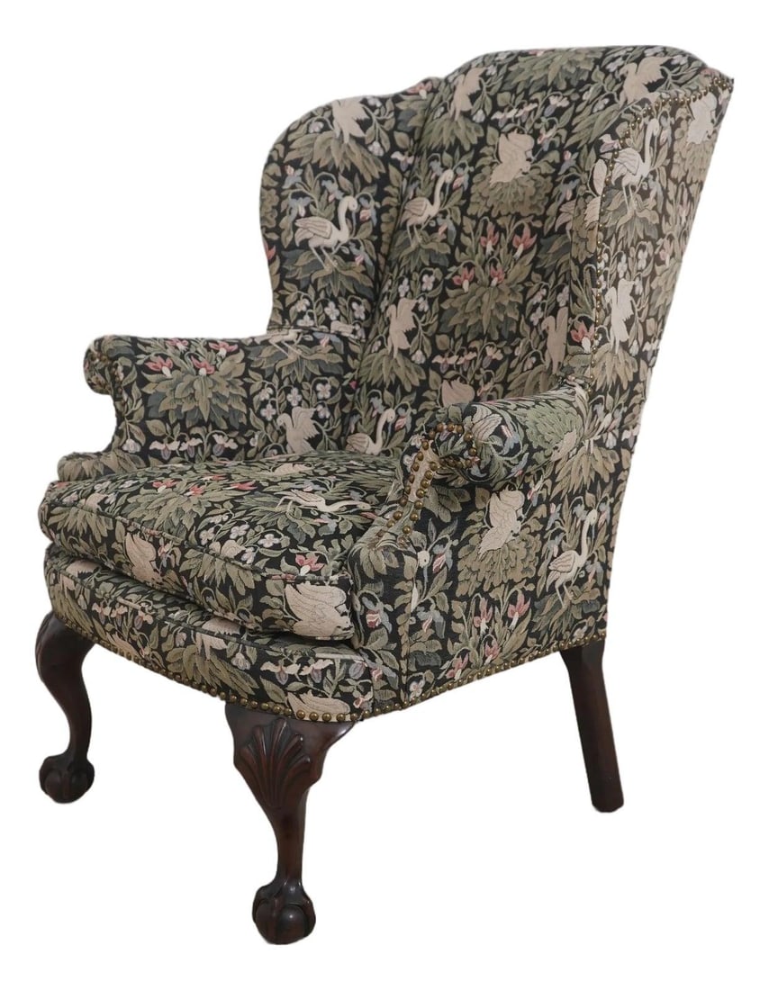 C.1880-1900 Antique Mahogany Tapestry Wing Chair with Carved Details: C.1880-1900 Antique Mahogany Tapestry Wing Chair with Carved Details This exquisite Antique Ball & Claw Mahogany Tapestry Wing Chair dates back to approximately 1880-1900 and showcases fine carved det