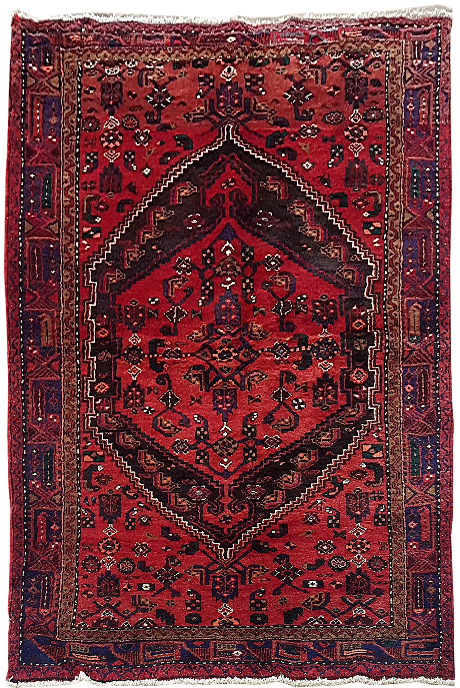Handcrafted 4'9 x 7'2 Red Persian Hamadan Area Rug from Iran: Handcrafted 4'9 x 7'2 Red Persian Hamadan Area Rug from Iran Free continental US Shipping Enhance your living space with this stunning handcrafted Red Persian Hamadan Rug, measuring 4' 9" x 7' 2". Thi