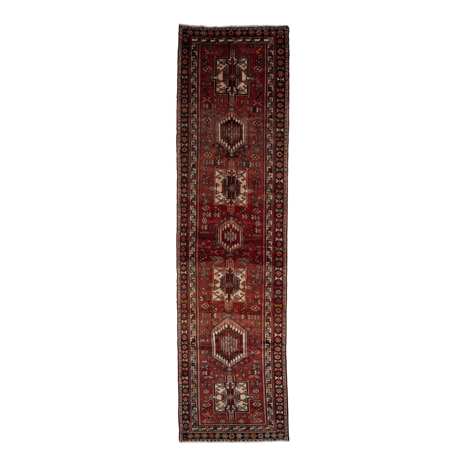 Handmade Heriz Persian Wool Runner Rug Brick Red Geometric Design 3'4" x 12'5": Handmade Heriz Persian Wool Runner Rug Brick Red Geometric Design 3'4" x 12'5" This exquisite handmade Heriz Persian wool runner showcases a stunning geometric design in a vibrant array of colors set