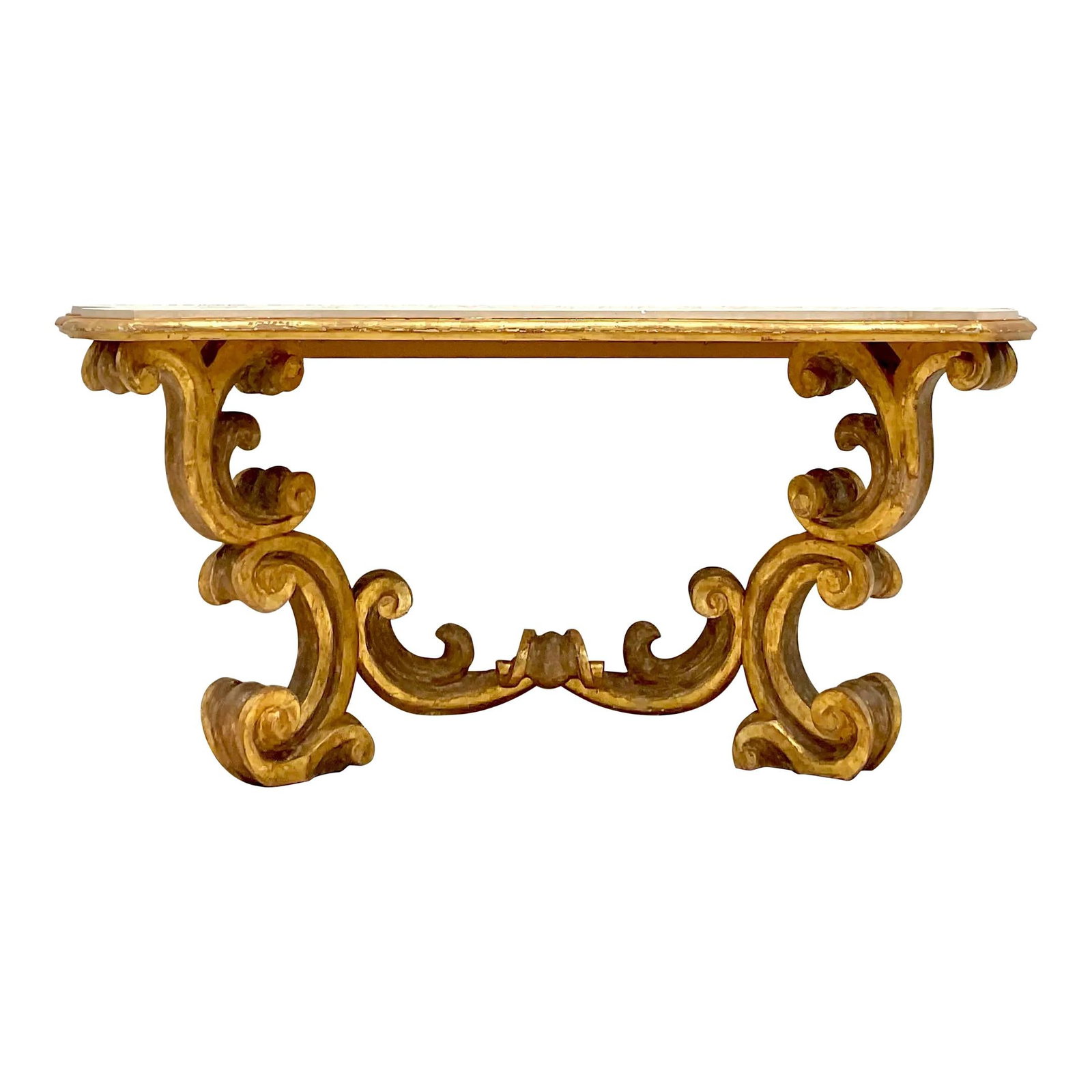 Vintage Rococo Gilt Wall Mount Console Table with Travertine Top: Vintage Rococo Gilt Wall Mount Console Table with Travertine Top Transform your interior with this exquisite Mid 20th Century Vintage Rococo Gilt Wall Mount Console Table. This stunning piece showcase