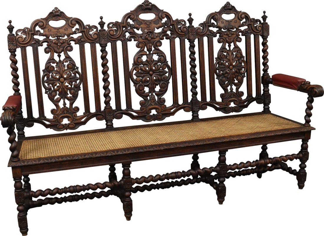 Antique 1880 French Country Style Cane Oak Settee: Antique 1880 French Country Style Cane Oak Settee This exquisitely carved French settee from 1880 showcases the elegance and craftsmanship of the era. Constructed from durable cane oak, it features a