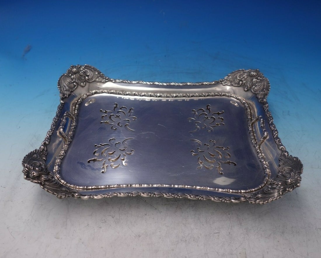 Tiffany & Co Chrysanthemum Sterling Silver Asparagus Serving Tray 1902-1915: Tiffany & Co Chrysanthemum Sterling Silver Asparagus Serving Tray 1902-1915 Introducing the exquisite Chrysanthemum Serving Tray by Tiffany & Co., crafted from sterling silver. This elegant tray, desi