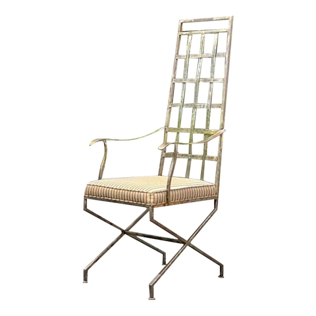 Bohemian Patina Wrought Iron Accent Chair with Rustic Greige Finish: Bohemian Patina Wrought Iron Accent Chair with Rustic Greige Finish This vintage Boho chair features a beautifully patinated wrought iron frame, showcasing an intricate design that brings rustic charm