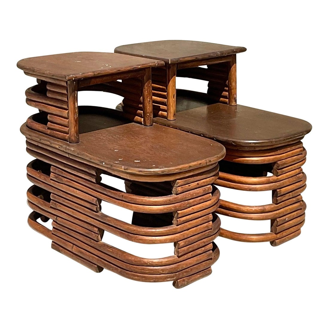 Vintage Coastal Paul Frankl Rattan Side Tables Pair Camel Color: Vintage Coastal Paul Frankl Rattan Side Tables Pair Camel Color This stunning pair of mid-20th century coastal side tables showcases beautiful stacked rattan construction with elegant wooden table top