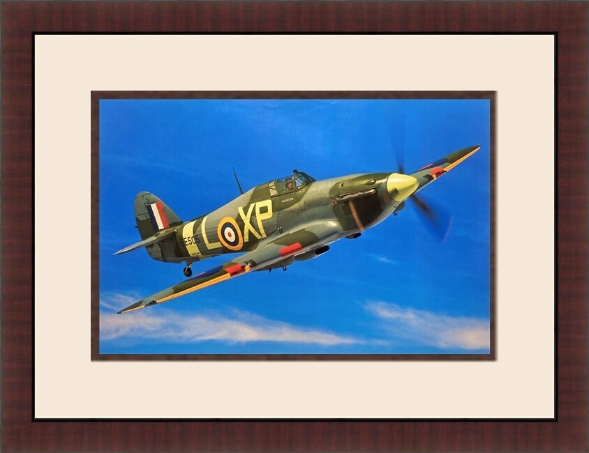 Hawker Hurricane Mk11B Custom Framed Aviation Print 18 x 23: Hawker Hurricane Mk11B Custom Framed Aviation Print 18 x 23 This stunning Hawker "Hurricane" Mk11B aviation print beautifully captures the essence of military aviation. It features a vibrant multi-col