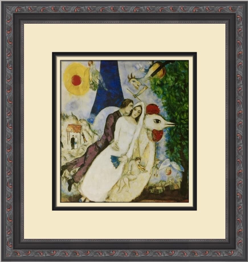 Marc Chagall The Bride and Groom Eiffel Tower Custom Framed Print: Marc Chagall The Bride and Groom Eiffel Tower Custom Framed Print This exquisite custom framed print features Marc Chagall's renowned artwork titled "The Bride and the Groom of the Eiffel Tower." Meas