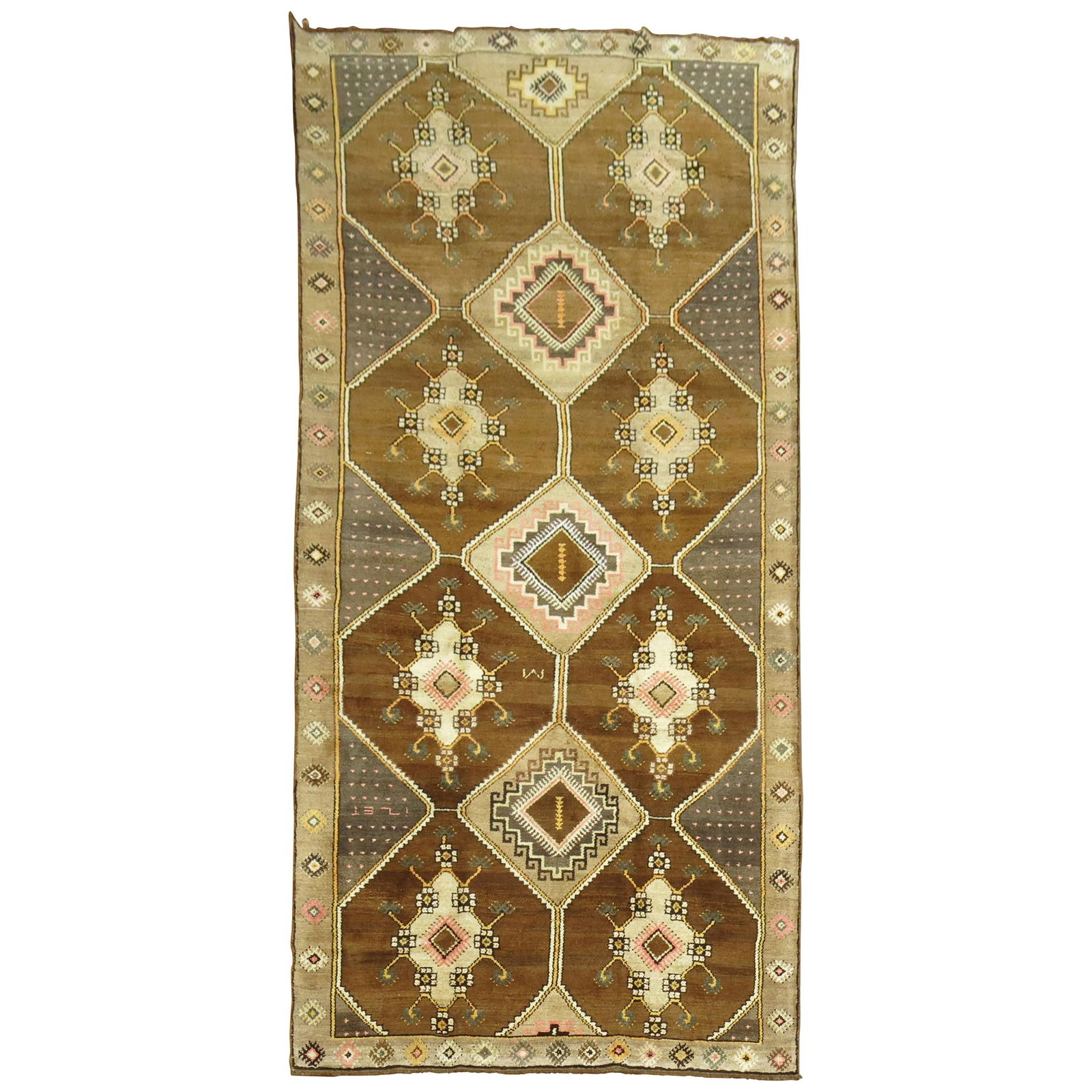 Zabihi Collection Vintage Turkish Wool Gallery Runner 76x162 in: Zabihi Collection Vintage Turkish Wool Gallery Runner 76x162 in Introducing the Zabihi Collection Brown Vintage Turkish Gallery Runner, a stunning addition to any home decor. This exquisite runner fea