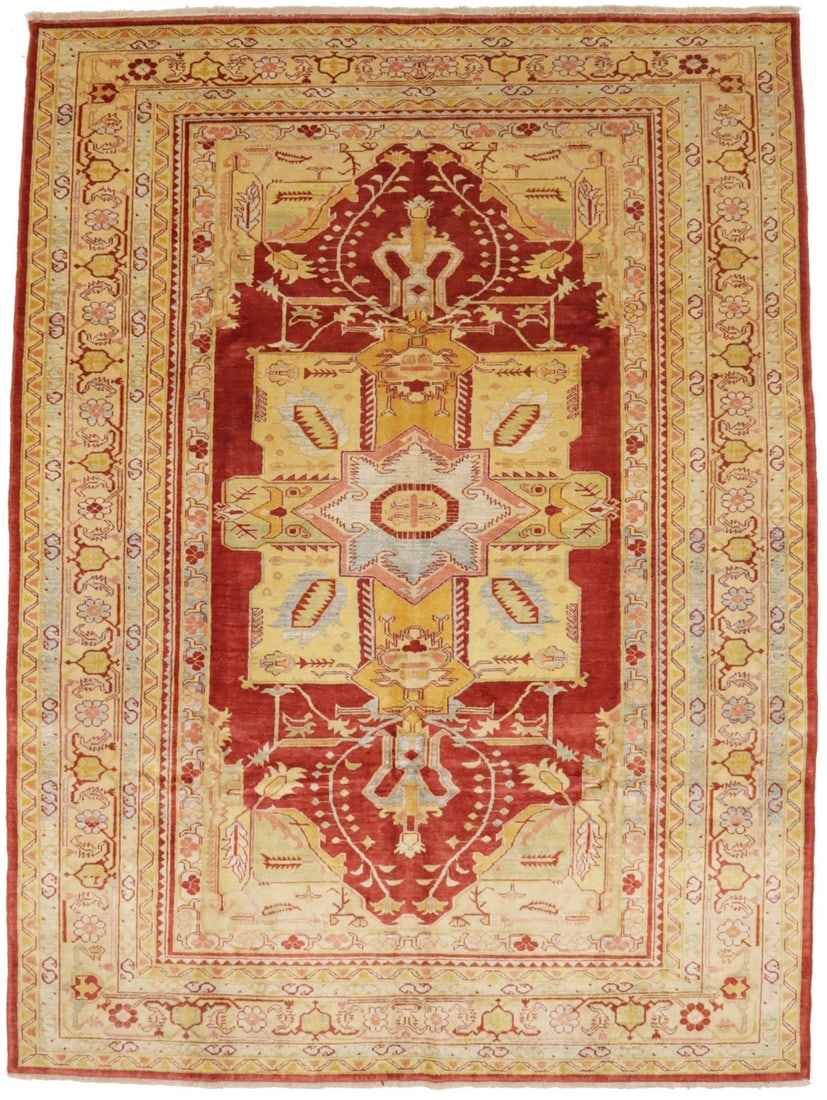 Hand-Knotted Wool Area Rug Ziegler Design in Rusty Red 8'3 x 11'5: Hand-Knotted Wool Area Rug Ziegler Design in Rusty Red 8'3 x 11'5 This is a handmade Ziegler-style area rug crafted in Central Asia, featuring a hand-knotted wool construction. The rug displays a flor