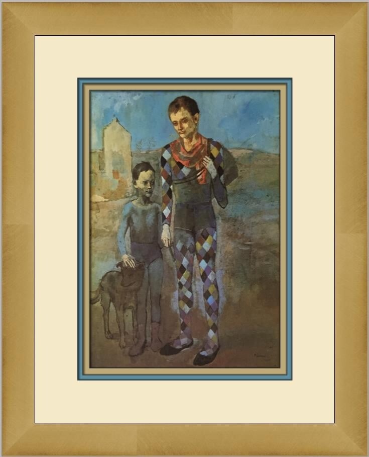 Pablo Picasso Two Saltimbanques with Dog Custom Framed Print 15 x 13 Impressionism: Pablo Picasso Two Saltimbanques with Dog Custom Framed Print 15 x 13 Impressionism This stunning custom framed print titled "Two Saltimbanques with Dog" showcases the artistry of Pablo Picasso, reflec