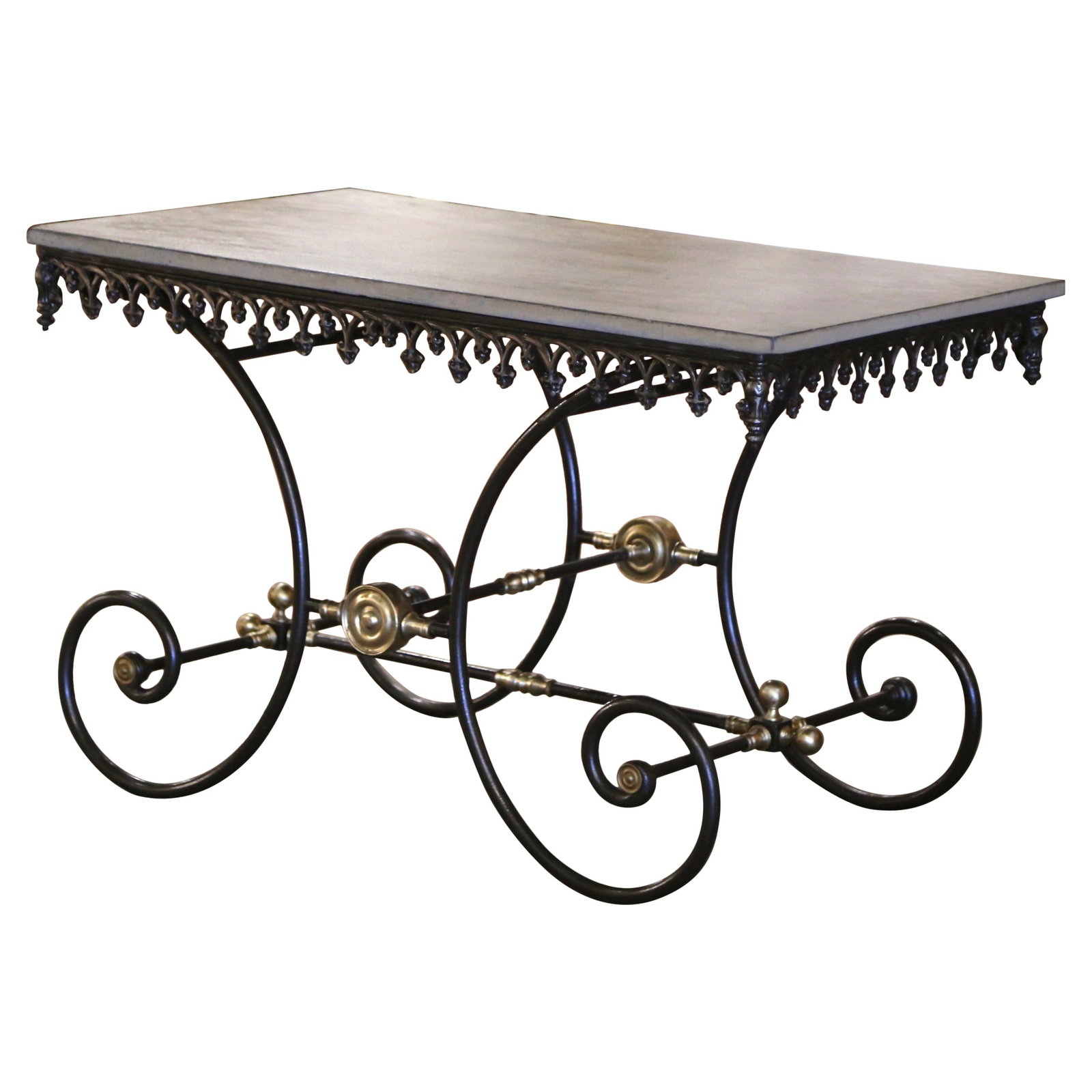 Vintage Early 20th Century French Slate Top Pastry Table with Bronze Accents: Vintage Early 20th Century French Slate Top Pastry Table with Bronze Accents Introducing a stunning Early 20th Century French Slate Top Iron Pastry Table, expertly crafted around 1920. This vintage "T