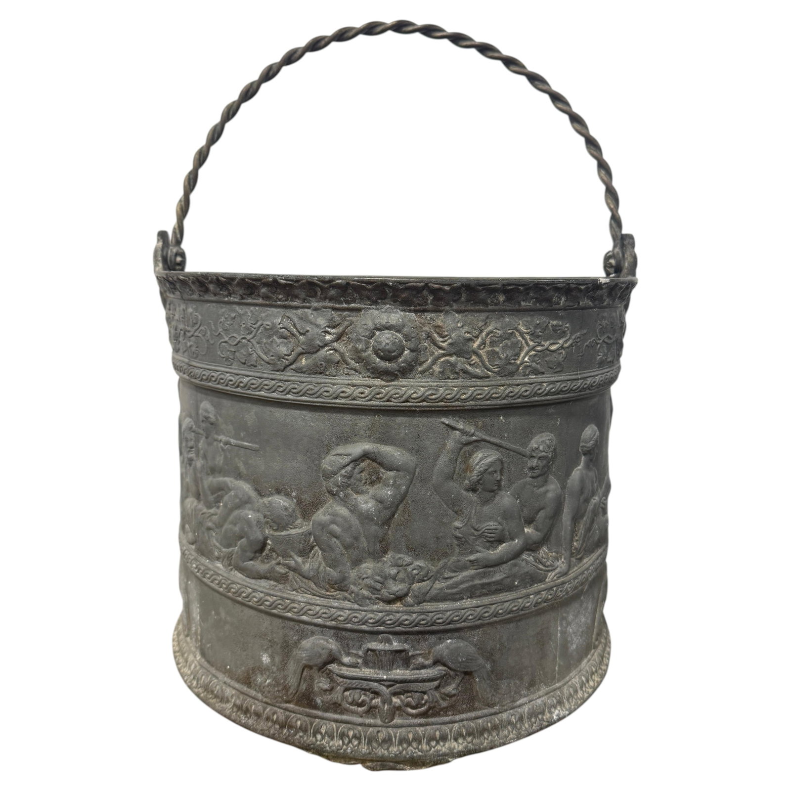 Neoclassical Lead Cachepot with Bacchanal Relief France Early 19th Century: Neoclassical Lead Cachepot with Bacchanal Relief France Early 19th Century This substantial Neoclassical cachepot, crafted in early 19th-century France, features a dense cast lead or lead-alloy constr