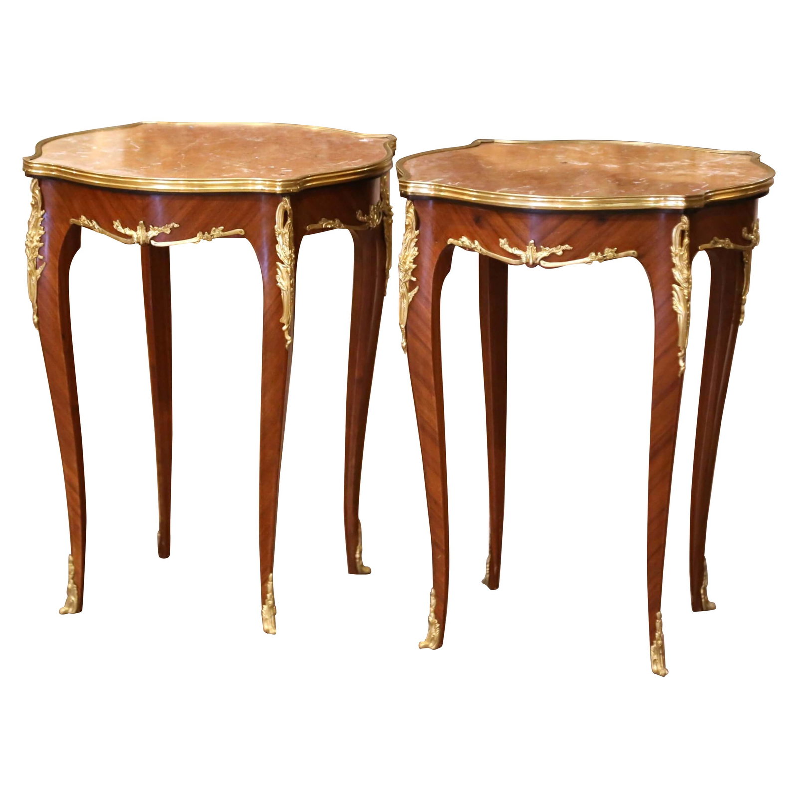 Set of Two French Louis XV Walnut and Red Marble Ormolu Side Tables: Set of Two French Louis XV Walnut and Red Marble Ormolu Side Tables Elegant pair of mid-century French Louis XV style side tables, crafted circa 1960. Each table features a square bombe silhouette wit