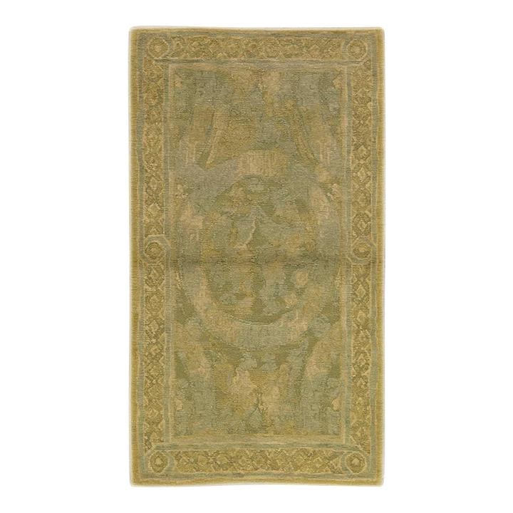 Vintage Tibetan Green Wool Rug 2' 11" x 5' 5" Handmade: Vintage Tibetan Green Wool Rug 2' 11" x 5' 5" Handmade Discover the charm of this Vintage Tibetan hand-knotted wool rug, showcasing a contemporary design with a rich brown field complemented by vibran