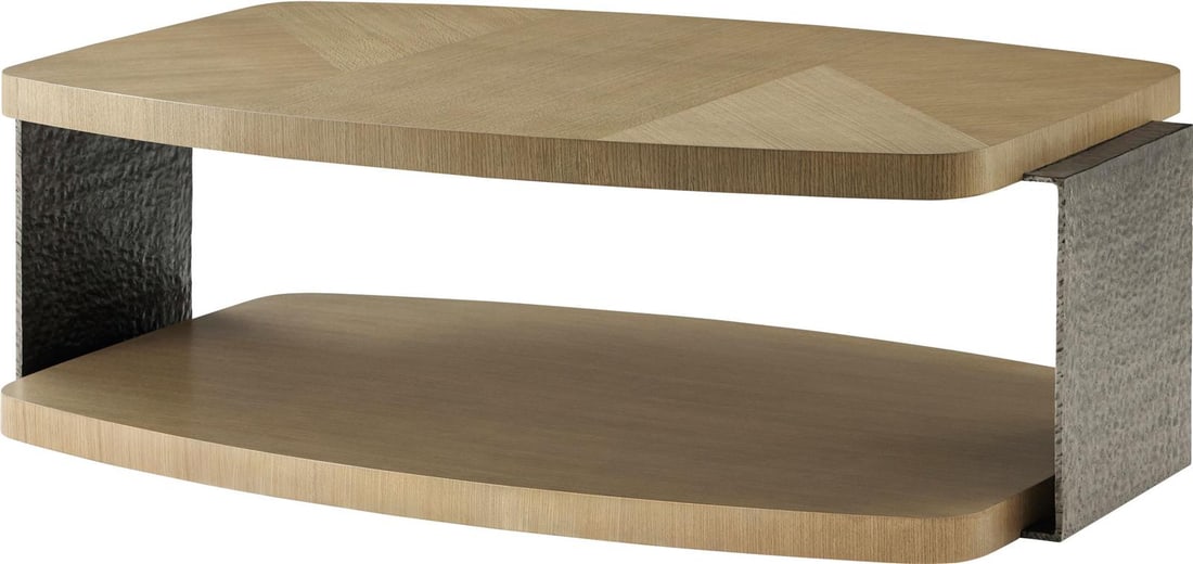 Theodore Alexander Blonde Veneer Rectangle Cocktail Table: Theodore Alexander Blonde Veneer Rectangle Cocktail Table Elevate your living space with this elegant Blonde Veneer Cocktail Table, designed for modern homes. This rectangular table, crafted from dura