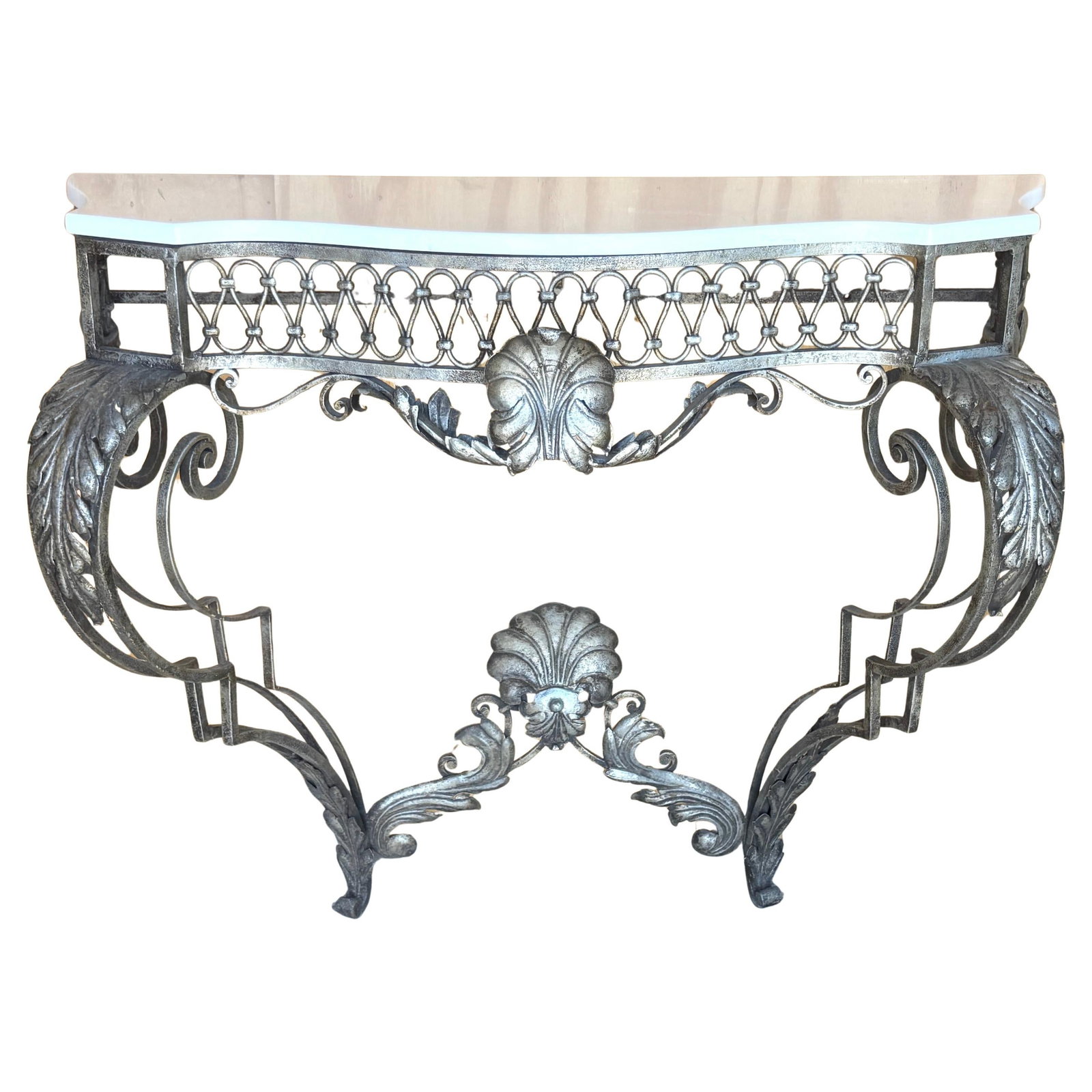Italian Neoclassical Silvered Wrought Iron Console Table with White Stone Top: Italian Neoclassical Silvered Wrought Iron Console Table with White Stone Top This Italian Neoclassic console table marries elegance and craftsmanship, showcasing a stunning silvered wrought iron fram