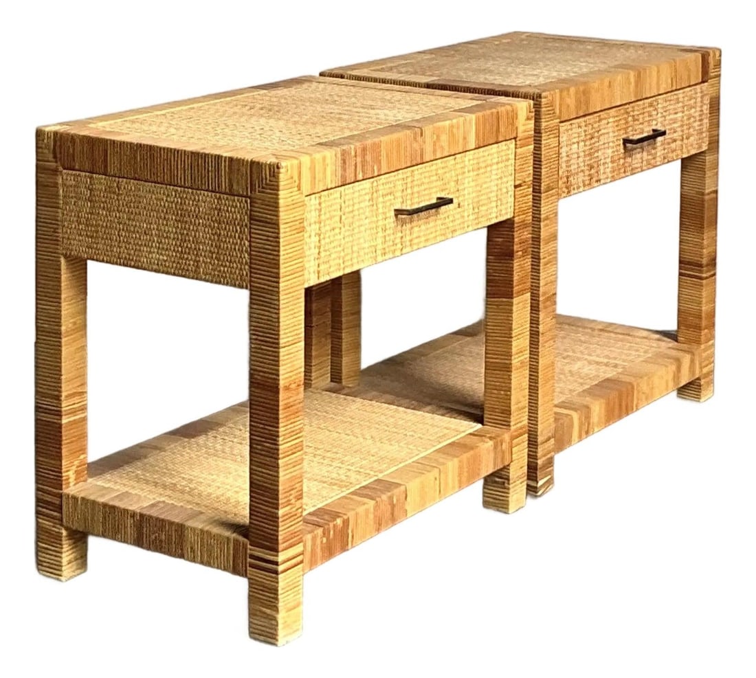 Pair of Bielecky Brothers Rattan and Cane Bedside Tables: Pair of Bielecky Brothers Rattan and Cane Bedside Tables This pair of vintage nightstands by Bielecky Brothers showcases expert craftsmanship in rattan and cane. Each piece features a boxy silhouette