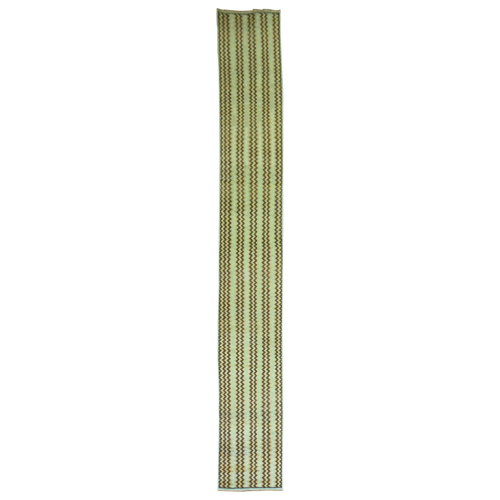 Long Wool Turkish Runner with Green Deco Checkerboard Pattern Mid-Century Modern: Long Wool Turkish Runner with Green Deco Checkerboard Pattern Mid-Century Modern Elevate your space with this stunning Vintage Turkish Deco Runner, a perfect blend of style and craftsmanship. This mid