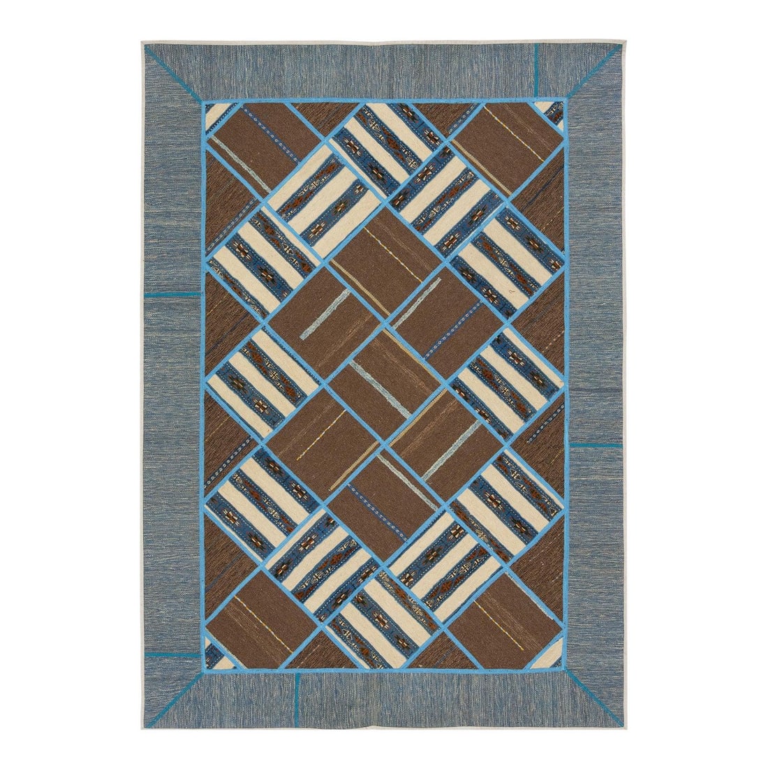 Geometric Brown Wool Flatweave Kilim Rug 5'6 x 7'9: Geometric Brown Wool Flatweave Kilim Rug 5'6 x 7'9 Elevate your space with this stunning Kilim Wool Rug, featuring a captivating geometric design that harmonizes earthy tones with vibrant hues. Meticu