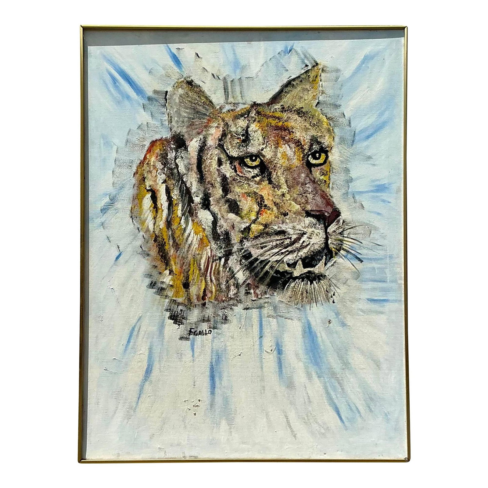 Vintage Boho Tiger Oil Painting on Canvas 30.25 x 40.5: Vintage Boho Tiger Oil Painting on Canvas 30.25 x 40.5 This vintage boho oil painting beautifully portrays the majestic presence of a tiger, highlighted by rich and expressive brushstrokes. Its vibran