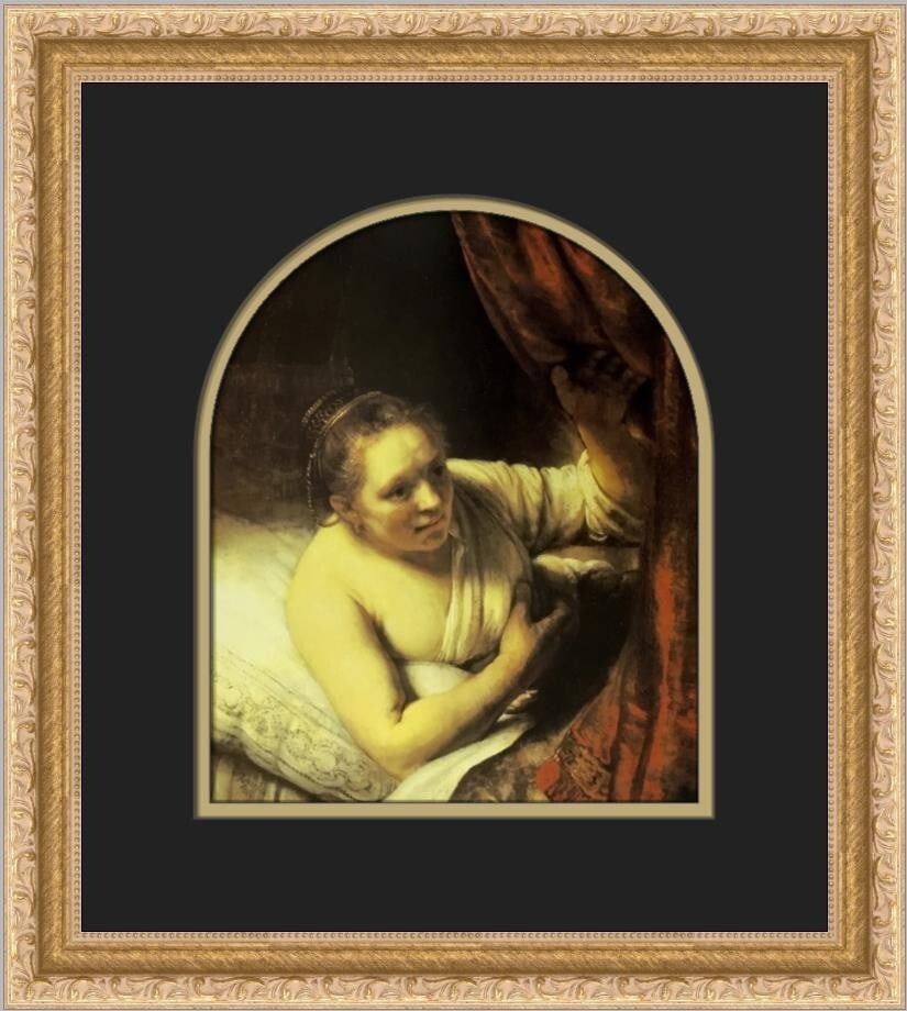 Rembrandt Young Woman in Bed Custom Framed Art Print 16x14: Rembrandt Young Woman in Bed Custom Framed Art Print 16x14 This custom framed print features the artwork "Young Woman in Bed" by Rembrandt van Rijn, showcasing a stunning example of contemporary Dutch
