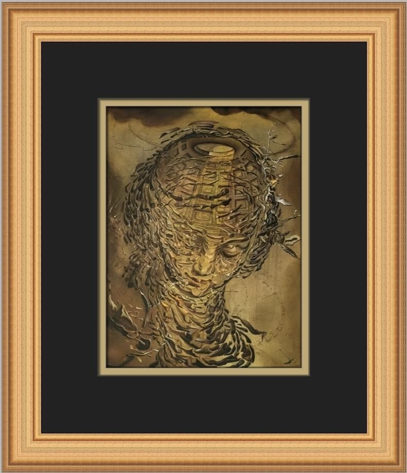 Salvador Dali Raphaelesque Head Exploding Custom Framed Print 14 x 12: Salvador Dali Raphaelesque Head Exploding Custom Framed Print 14 x 12 This stunning custom framed print features Salvador Dali's artwork titled "Raphaelesque Head Exploding." Created in 1974, this med