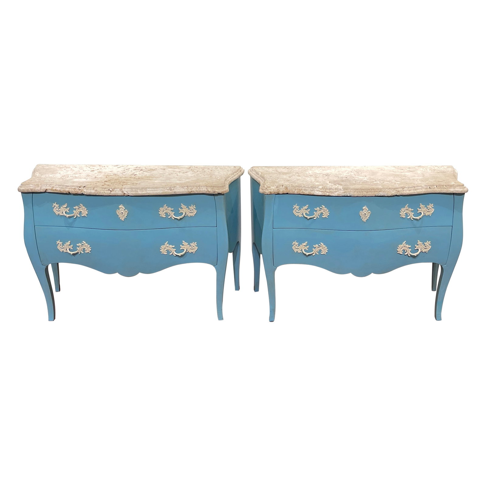 Set of 2 Neoclassical Turquoise Lacquered Commodes with Coquina Stone: Set of 2 Neoclassical Turquoise Lacquered Commodes with Coquina Stone This exquisite pair of turquoise lacquered commodes showcases a stunning Neoclassical design, expertly crafted from high-quality m