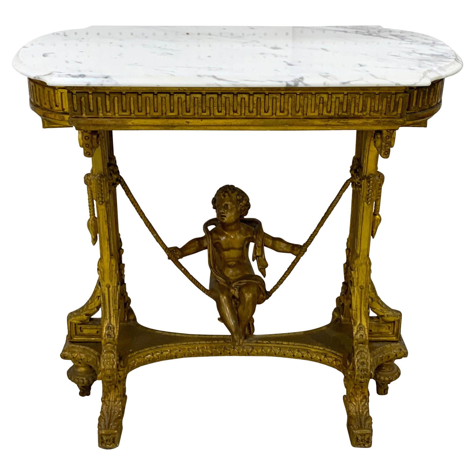 French Giltwood Swinging Putto Marble Top Table Ferner Mid-19th Century: French Giltwood Swinging Putto Marble Top Table Ferner Mid-19th Century This exquisite French giltwood swinging putto table features a stunning beveled Carrara marble top and is a remarkable example o