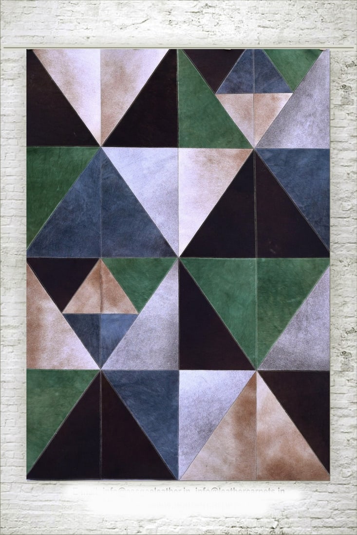 Handcrafted Geometric Multi-Tone Genuine Cowhide Leather Patchwork Rug 3FT x 5FT: Handcrafted Geometric Multi-Tone Genuine Cowhide Leather Patchwork Rug 3FT x 5FT Free continental US Shipping This luxury geometric patchwork rug is expertly handcrafted from 100% genuine hair-on cowh